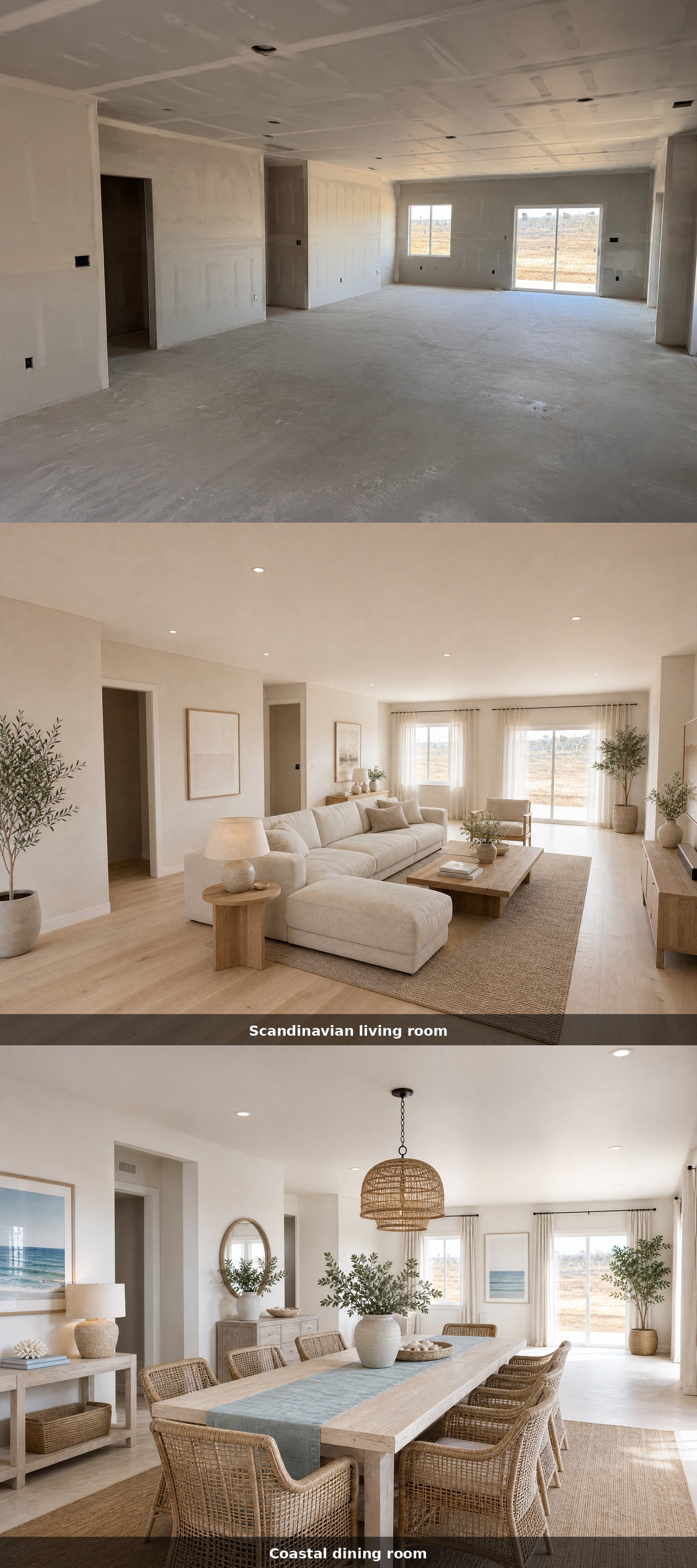 An empty, unfinished room transformed into a furnished modern living space using AI