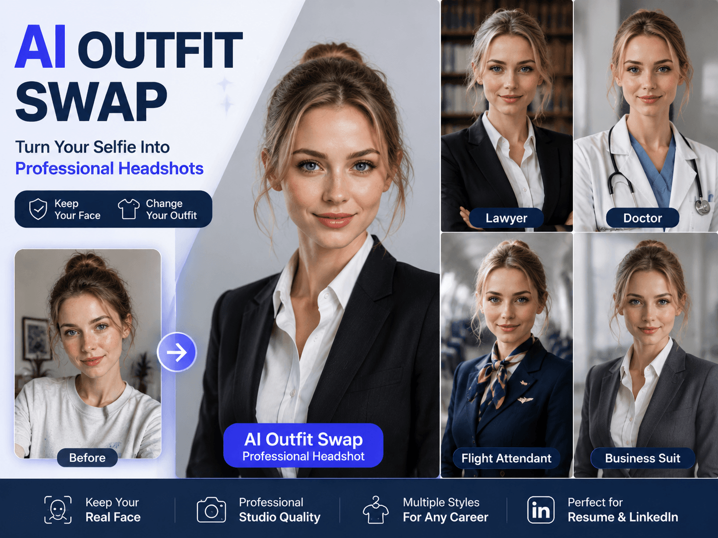 Turn Selfies Into Professional Headshots|One‑Click Outfit Swap for Resume‑Ready Portraits
