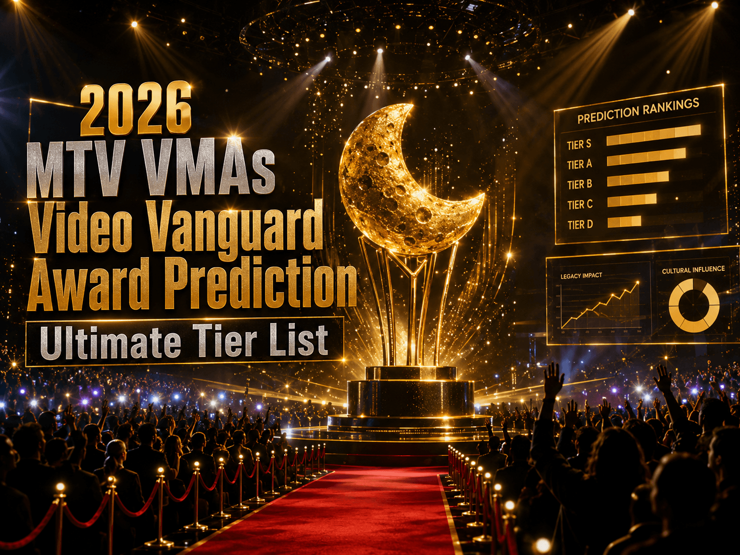 2026 MTV VMAs Video Vanguard Award prediction ultimate tier‑list cover art, golden trophy, red carpet award show stage with audience
