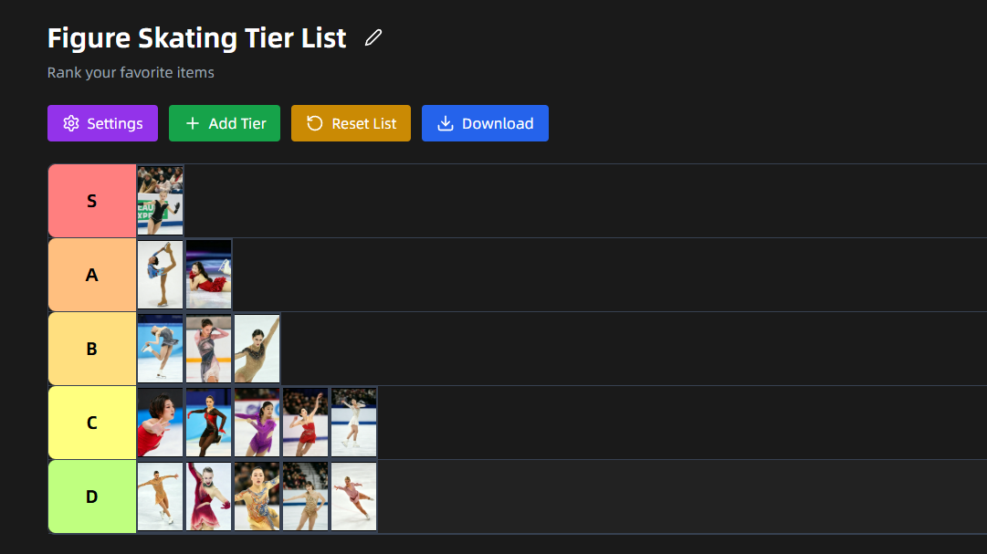 Drag-and-drop figure skating tier list maker with 16 top women's singles skaters