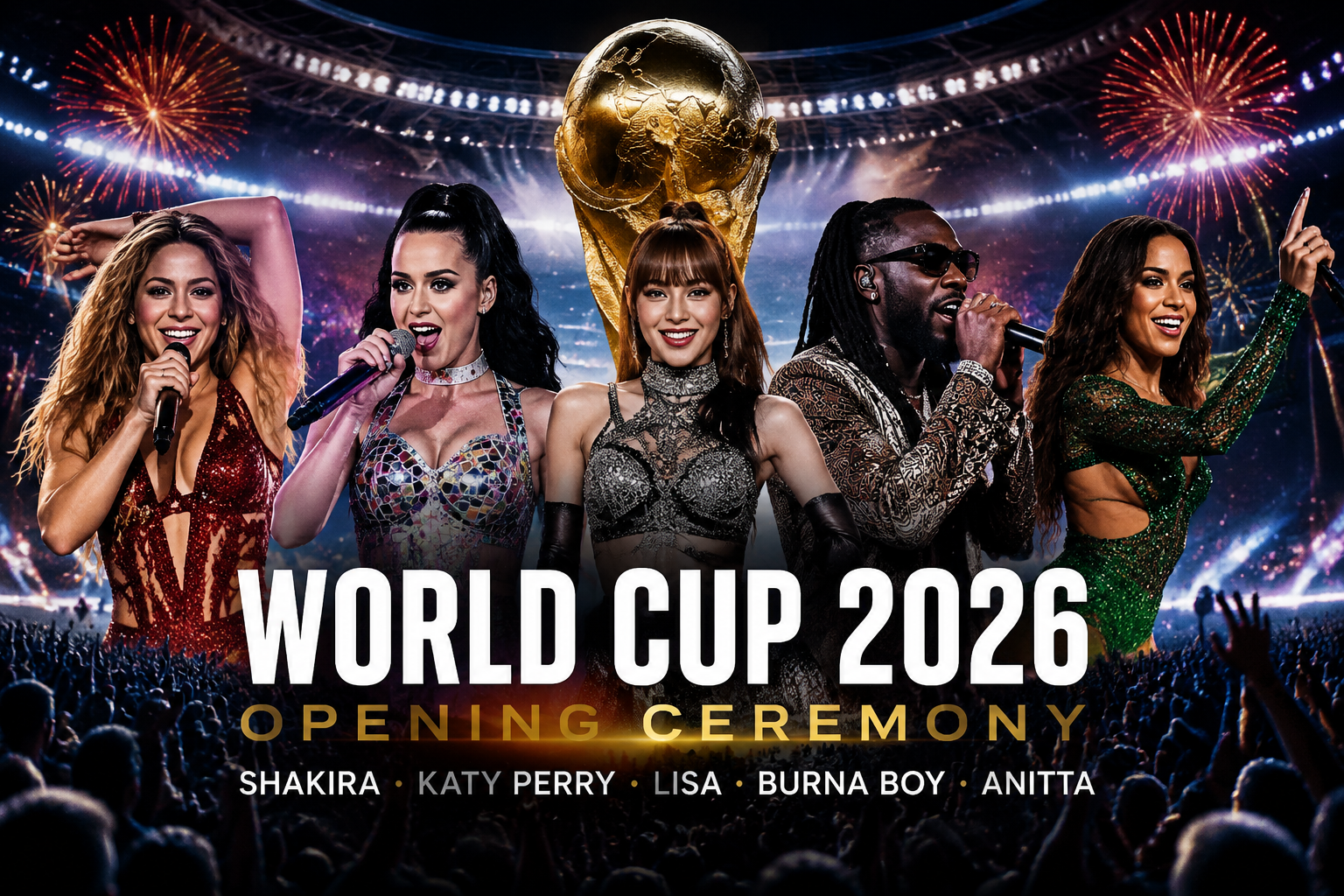 World Cup 2026 opening ceremony artist ranking tier list with live performances, stadium crowd, fireworks, and football celebration