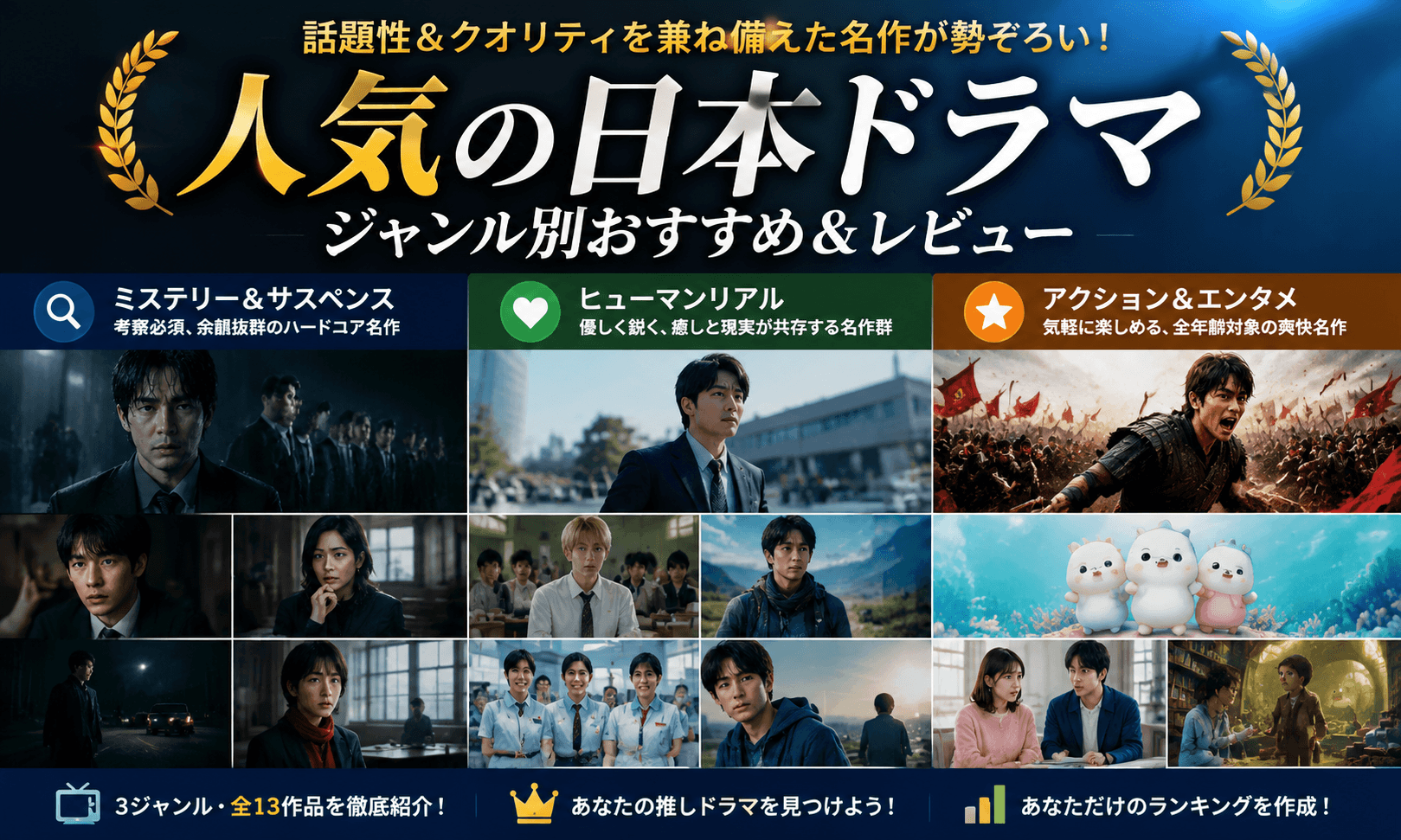 Popular Japanese drama ranking review cover featuring mystery, human drama, and action entertainment categories with cinematic scenes and gold design elements