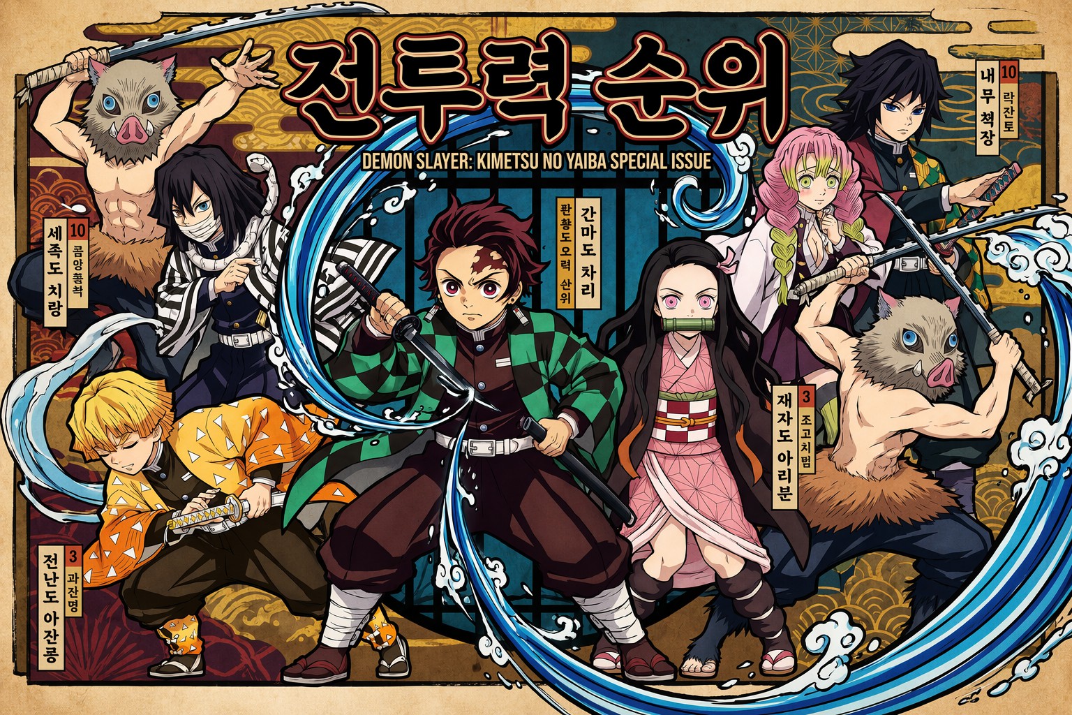 Demon Slayer power ranking poster featuring Tanjiro, Nezuko, Zenitsu, Inosuke and other characters