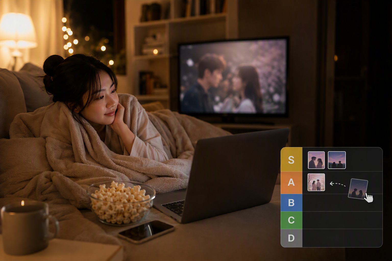 Woman watching a Korean drama on her laptop during a cozy night in, with a K-drama tier list ranking board showing S and A grade slots beside her