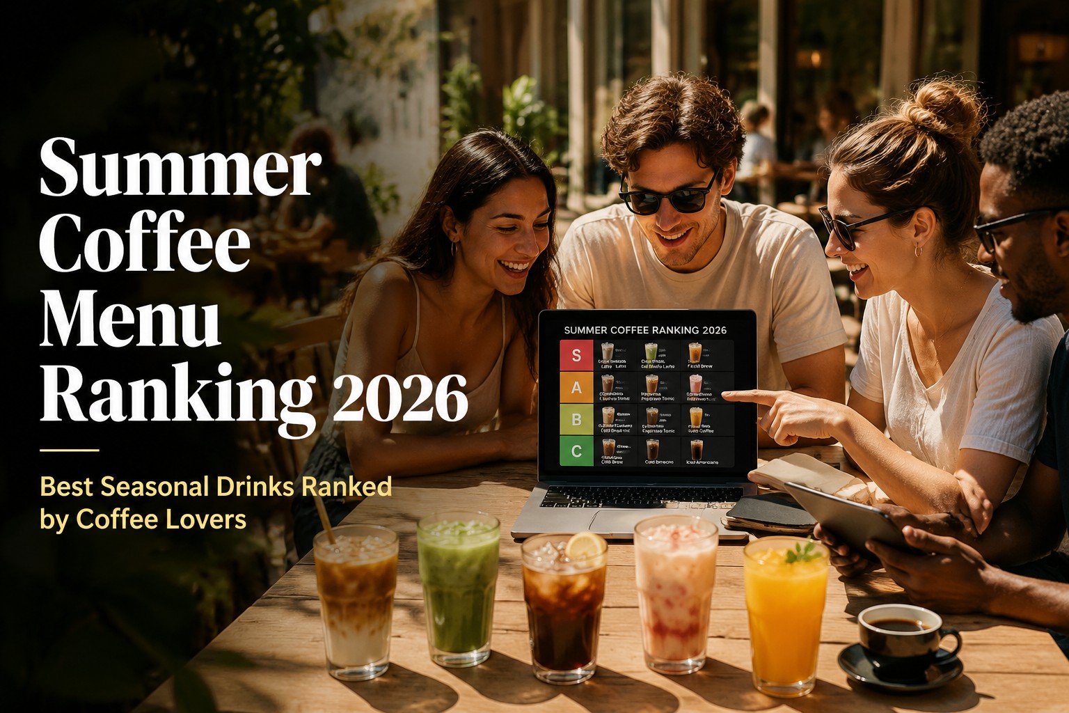 Summer coffee menu ranking 2026 with coffee lovers comparing iced drinks on a tier list in a modern outdoor café