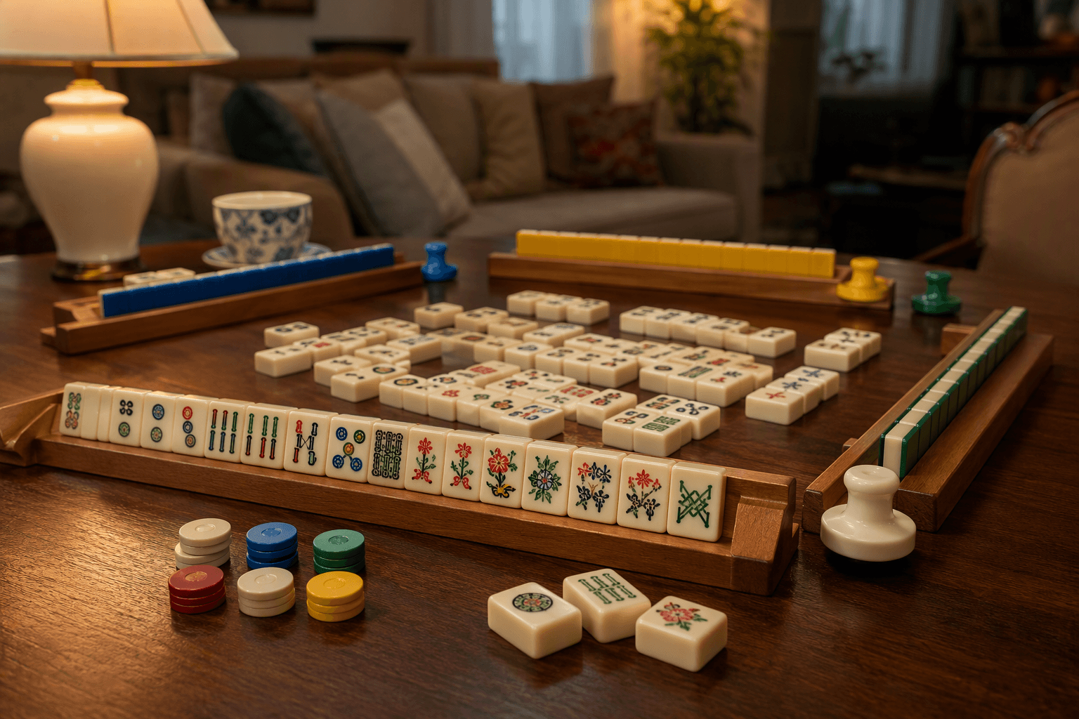 Photorealistic lifestyle photo of an American Mahjong set arranged on a dark wooden table in a cozy living room, featuring ivory tiles, wooden racks, colorful betting chips, warm table lamp lighting for game night