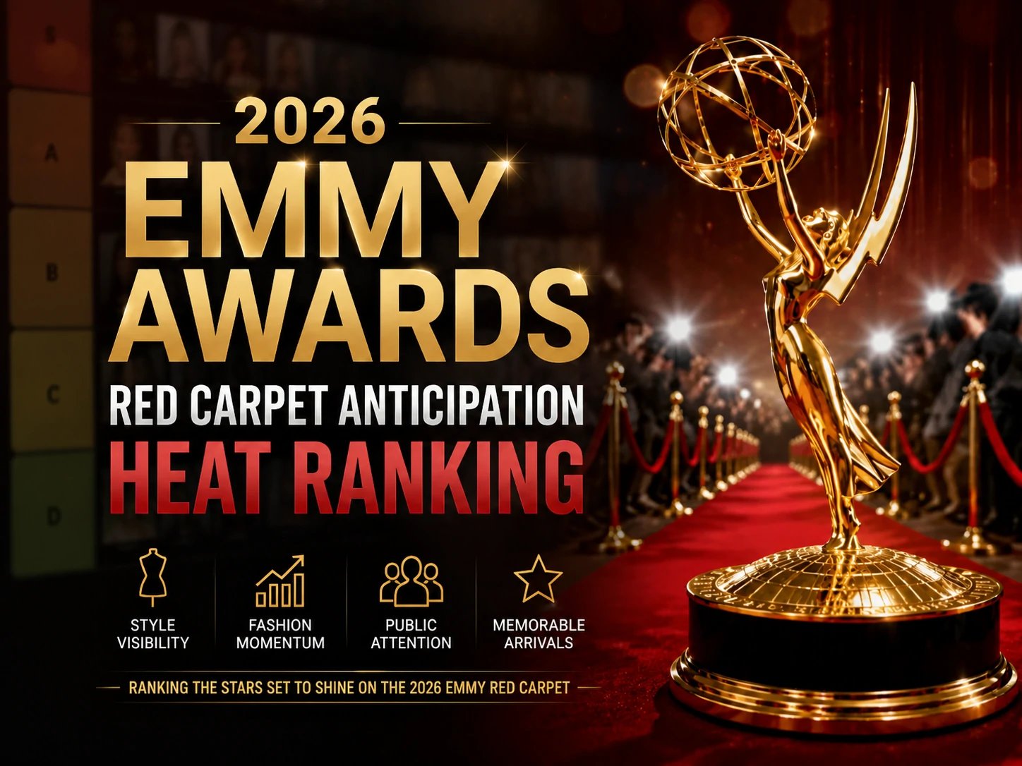 2026 Emmy Awards red carpet anticipation heat ranking poster, golden emmy trophy on red carpet with paparazzi flashlights