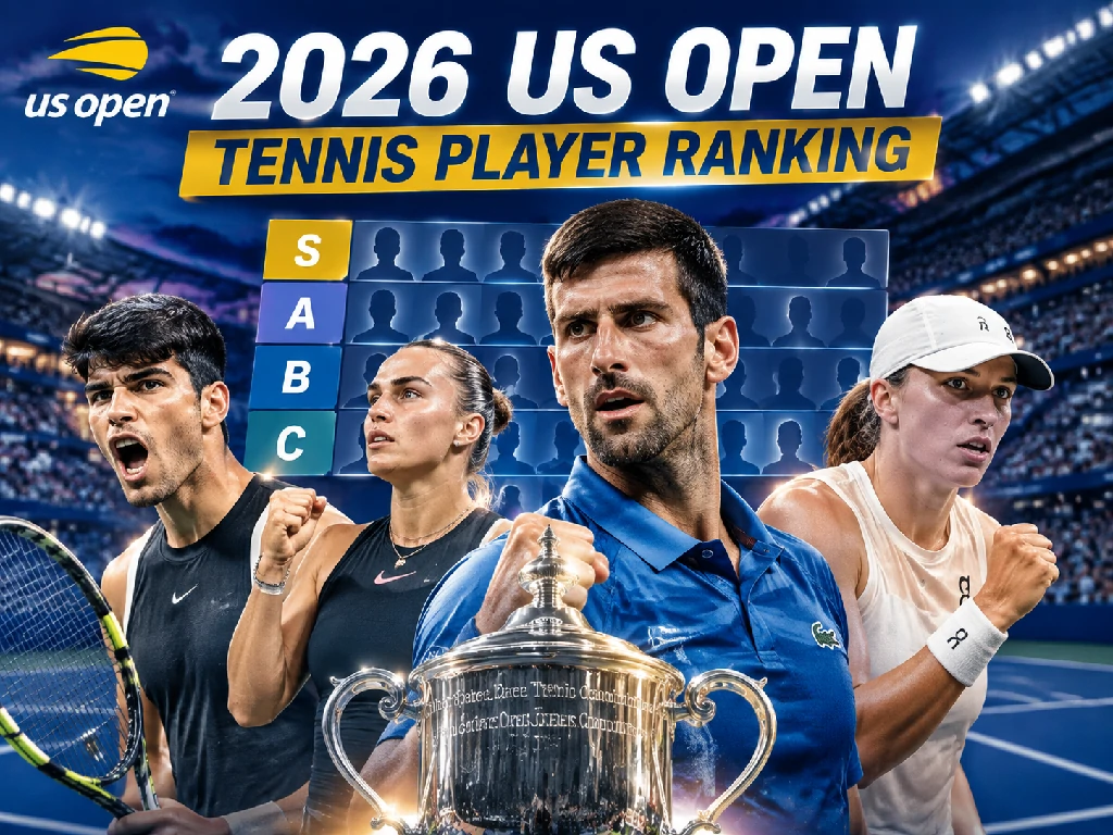 A dramatic US Open tennis stadium scene featuring top tennis players, the championship trophy, and a 2026 tennis player ranking theme