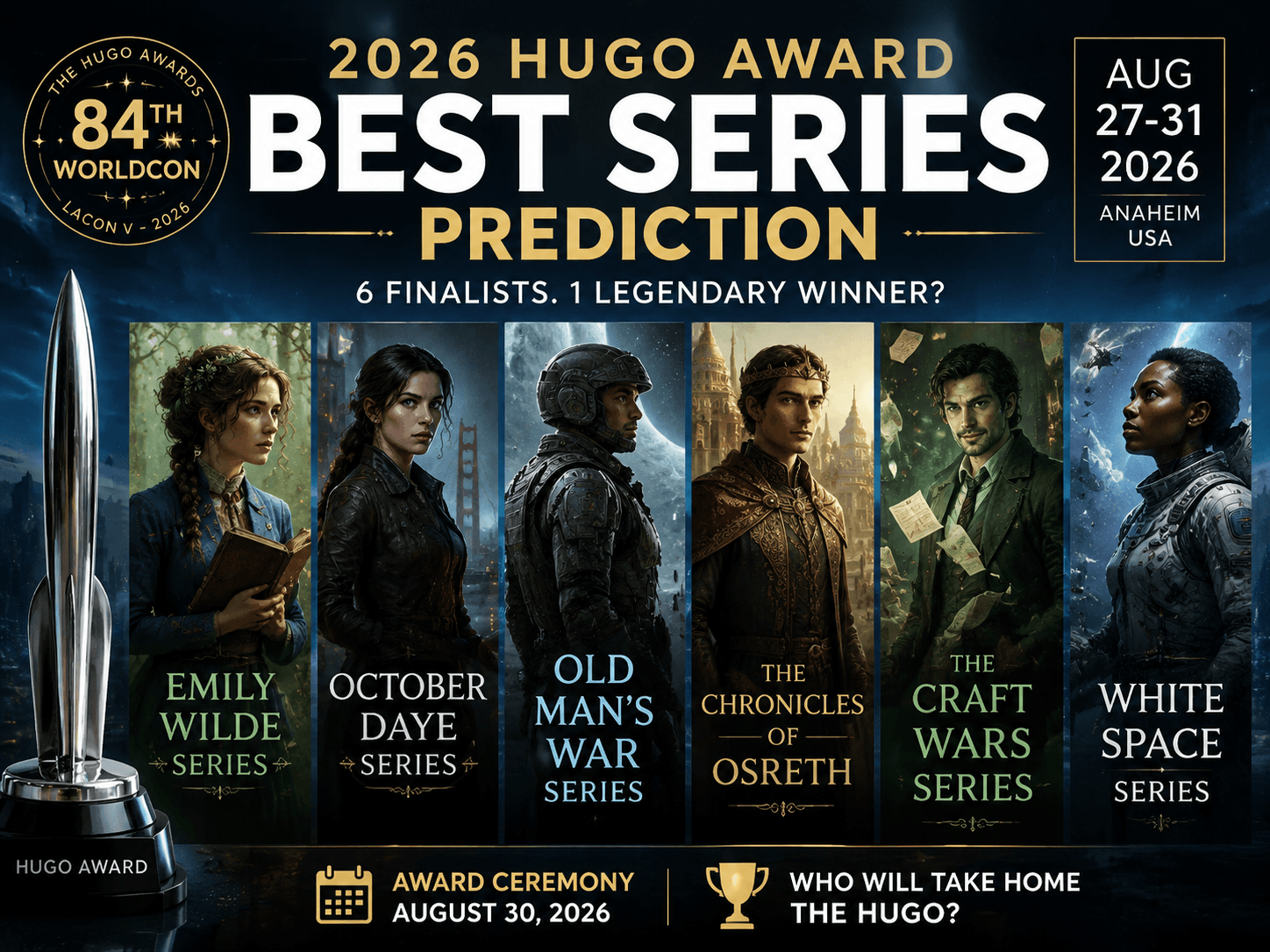 2026 Hugo Award Best Series Prediction cover featuring six finalist science fiction and fantasy series, the Hugo trophy, and Worldcon LAcon V award theme