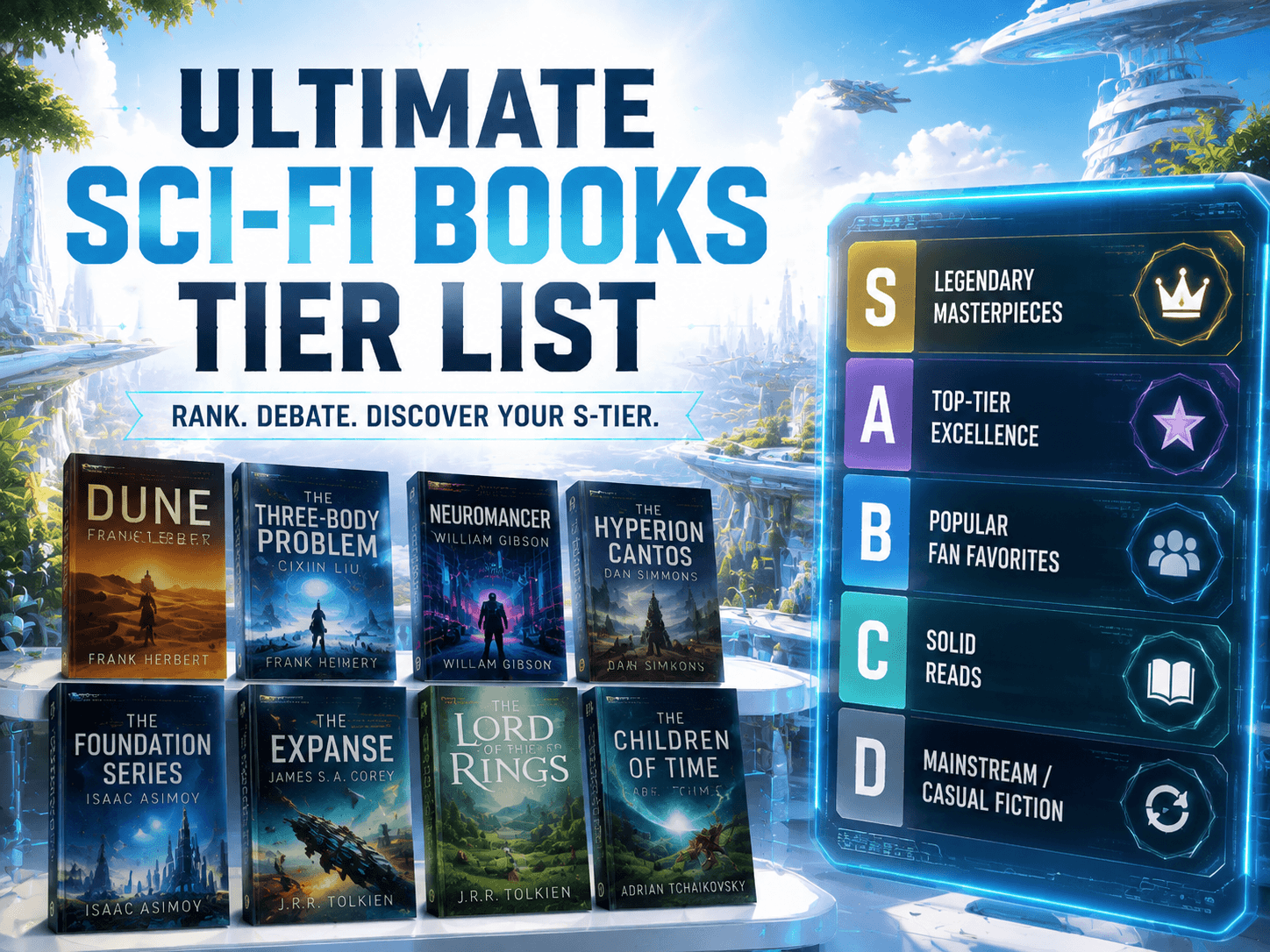 Sci-fi fans have debated one question for decades: which science fiction novel truly deserves the title of masterpiece?  Does *Dune* have the most immersive worldbuilding? Does *The Three-Body Problem* deliver the most groundbreaking sci-fi concepts? Which franchise offers a greater literary legacy, *The Foundation Series* or *The Hyperion Cantos*? Every reader has a different answer, and no opinion is entirely wrong.  The reason there is no universal ranking is that great sci-fi novels excel in unique ways. Some redefine genre worldbuilding, others deliver rigorous scientific logic, some shine with compelling characters and storytelling, and a select few leave a lasting cultural impact that shapes decades of future fiction.  This is why sci-fi tier lists remain so popular among book communities. A tier list lets fans visually organize their favorite novels based on their own personal criteria, whether it is worldbuilding depth, scientific accuracy, thematic value, reading enjoyment, or personal preference.  If you want to build a personalized sci-fi book ranking, compare classic novels, or share your literary taste with other fans, the **Ultimate Sci-Fi Books Tier List** is the perfect customizable ranking tool.  ## [color:gold]What Books Are Included in This Tier List[/color] This [Ultimate Sci-Fi Books Tier List](https://tiermakerpro.com/templates/books-and-reading/ultimate-sci-fi-books-tier-list/) includes a curated selection of 28 iconic science fiction works. The collection spans decades of genre-defining classics and modern award-winning titles, covering hard sci-fi, space opera, cyberpunk, dystopian fiction, military sci-fi, and literary speculative fiction. Every book featured holds strong ratings and consistent discussion within global reading communities.  The lineup includes timeless foundational classics, Hugo and Nebula Award-winning masterpieces, mainstream bestsellers, and concept-driven hardcore sci-fi stories. With a balanced mix of old and new titles covering every subgenre, the template offers diverse options for all types of sci-fi readers and allows fully personalized rankings.  Every novel in the template comes with a matched high-quality cover image, allowing users to sort, drag, and tier books instantly without extra setup or image preparation.  ## [color:gold]Sci-Fi Book Tier Framework Overview[/color] This tool uses the standard S/A/B/C/D tier system as a general guideline. **All tiers are fully customizable, with no fixed official rankings.** No book is pre-assigned to any tier, and every placement depends entirely on user judgment.  **S Tier – Legendary Masterpieces**: Genre-founding works with unparalleled cultural influence. These novels define modern sci-fi worldbuilding, introduce revolutionary concepts, and serve as the foundation for entire subgenres.  **A Tier – Top-Tier Excellence**: Award-caliber novels with outstanding storytelling, detailed worldbuilding, and strong thematic depth. These books maintain consistent critical praise with few noticeable flaws.  **B Tier – Popular Fan Favorites**: Highly influential and widely read titles with massive mainstream appeal. These works often receive mixed feedback; many readers consider them iconic, while others note minor structural or thematic limitations.  **C Tier – Solid Reads**: Enjoyable, accessible novels with creative premises. While entertaining, these books lack the depth, complexity, or innovation of higher-tier masterpieces.  **D Tier – Mainstream Casual Fiction**: Approachable, popular reads focused heavily on entertainment value. These stories feature simpler worldbuilding and weaker sci-fi rigor compared to traditional literary science fiction.  It is important to emphasize that these tier descriptions serve only as general references. This ranking tool holds **no official hierarchy and no predefined book ratings**. Every final ranking reflects the user’s individual reading experience and personal taste.  ## [color:gold]Three Popular Ranking Criteria[/color] ### 1. Ranking by Worldbuilding and Concept Depth If prioritizing scientific rigor, universe scale, and conceptual originality, groundbreaking hard sci-fi and epic space opera titles naturally rise to the top. Genre pioneers like *Dune*, *The Foundation Series*, *The Three-Body Problem*, and *Neuromancer* redefined their respective subgenres and typically rank highest for creative innovation. More casual, entertainment-focused dystopian and YA sci-fi novels usually fall lower under this standard.  ### 2. Ranking by Story Quality and Reading Experience When judging based on plot flow, character development, and overall readability, approachable modern sci-fi often outperforms dense literary classics. Page-turning titles like *The Martian* and *Project Hail Mary* deliver smooth pacing and high engagement for casual readers. In contrast, concept-heavy works such as *Blindsight* and *The Book of the New Sun* offer extraordinary depth but feature complex, dense writing that many readers find challenging.  ### 3. Ranking by Cultural Influence and Legacy For readers prioritizing industry impact, historical significance, awards, and long-term cultural legacy, timeless vintage classics dominate the highest tiers. Foundational works like *The Lord of the Rings* and *Dune* established modern speculative fiction and continue to influence new generations of authors. While many contemporary sci-fi bestsellers enjoy massive current popularity, their long-term literary legacy remains developing, leading to more subjective placements.  ## [color:gold]How to Create Your Custom Sci-Fi Tier List[/color] This tier maker features a simple, flexible drag-and-drop system with no restrictive rules or fixed results.  First, choose your ranking standard. You can judge books based solely on worldbuilding, plot quality, character writing, cultural impact, or create a balanced hybrid criteria of your own.  Second, drag and drop all 28 novels into S, A, B, C, or D tiers. Rearrange individual book order within each tier to fine-tune your personal hierarchy.  Third, customize your tier labels. Rename tiers to match your personal rating style, such as “All-Time Masterpieces”, “Must-Read Books”, “Decent Reads”, “Mid Tier”, or “Not For Me”.  Finally, save your finished tier list as an image and share your personalized sci-fi rankings with book clubs, social media communities, and fellow sci-fi enthusiasts.  ## [color:gold]Tips for Building a Better Sci-Fi Tier List[/color] **Stick to One Consistent Standard**  Most ranking debates arise from mixed criteria. One reader may prioritize scientific accuracy, while another prioritizes emotional storytelling. Defining a clear single standard creates a more consistent and meaningful tier list.  **Respect Different Subgenre Strengths**  Hard sci-fi, space opera, cyberpunk, and dystopian fiction are designed for different purposes. Avoid judging every book by the same rules. Appreciate each novel’s unique strengths based on its intended genre and audience.  **Embrace Subjective Rankings**  The best tier lists spark discussion, not universal agreement. You can rank critically acclaimed “masterpieces” lower if they do not match your taste, and elevate underrated books you personally love. Unique, honest opinions make your ranking stand out.  ## [color:gold]Final Thoughts[/color] There is no definitive, universal ranking for science fiction novels. Hard sci-fi readers value philosophical complexity and scientific detail, casual readers prefer fast-paced, accessible stories, and long-term fans prioritize historical genre legacy.  The Ultimate Sci-Fi Books Tier List removes rigid official rankings and puts full control in the hands of readers. Ignore mainstream scores, critic reviews, and public consensus — build a tier list that truly represents your personal sci-fi reading taste.  Which sci-fi novel will you place in your personal S Tier?