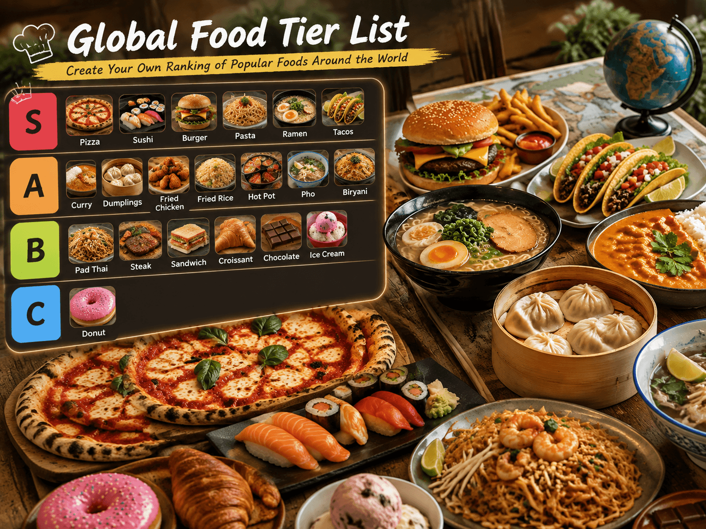 A realistic global food tier list featuring popular dishes from around the world including pizza, sushi, ramen, burgers, tacos, curry, dumplings, and desserts