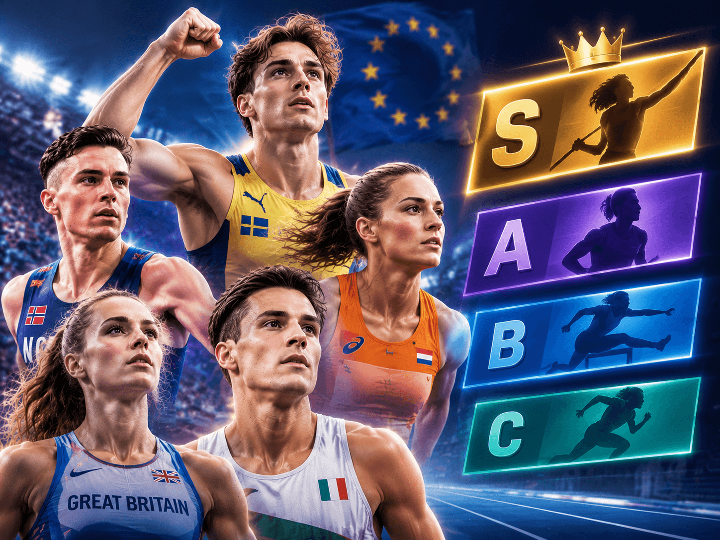 European Athletics Stars Ranking featuring track and field athletes competing in a stadium with a tier ranking board concept