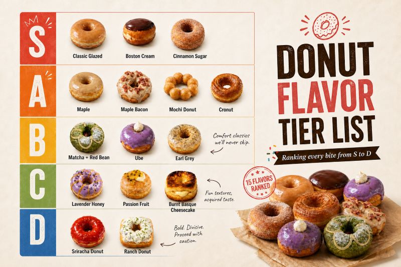 Donut flavor tier list infographic ranking 15 donut flavors from S to D, including classic glazed, maple bacon, ube, and sriracha donut