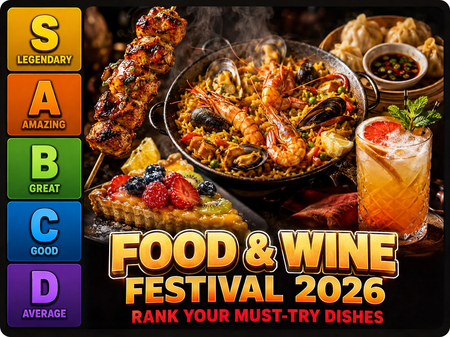 EPCOT Food & Wine Festival 2026 must-try dishes tier list with S to D ranking grades, featuring seafood paella, grilled skewers and festival drinks for food ranking