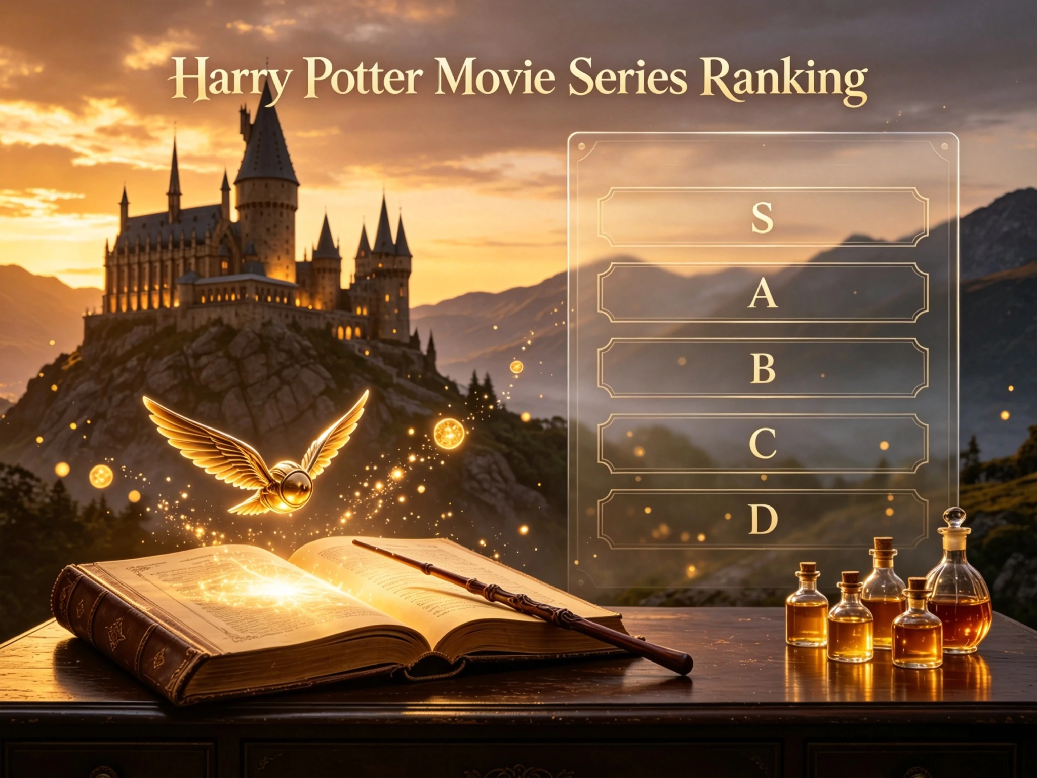 Blank Harry Potter movie series ranking tier list template with Hogwarts castle at golden sunset, featuring S A B C D ranking tiers, golden snitch, magic spell book and wizard potions