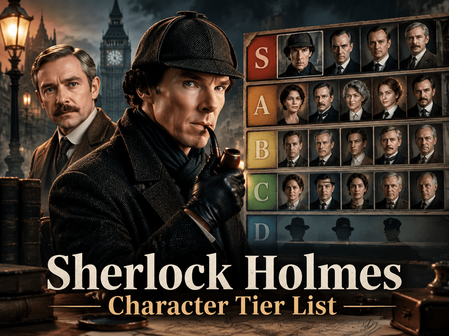 Sherlock Holmes character tier list featuring iconic detective characters from the Sherlock Holmes universe