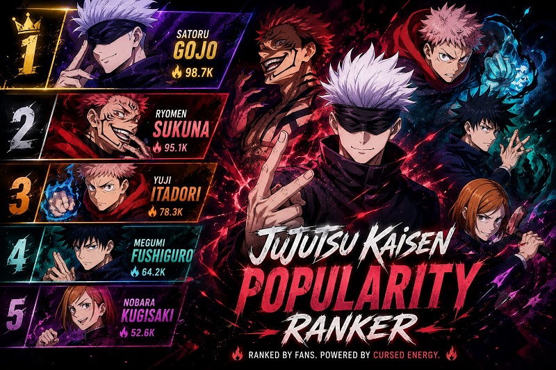 Jujutsu Kaisen character popularity ranking graphic showing top 5 fan-favorite characters: Satoru Gojo, Ryomen Sukuna, Yuji Itadori, Megumi Fushiguro, and Nobara Kugisaki ranked by fan votes