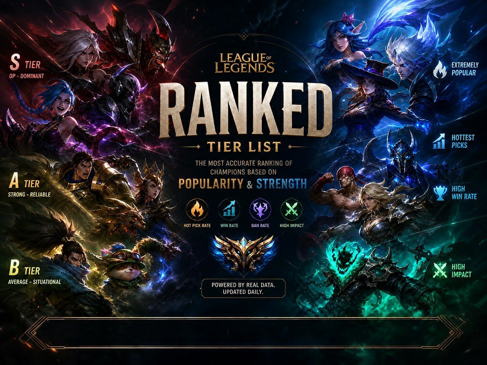 League of Legends ranked tier list graphic showing S, A, and B tier champions ranked by popularity and win rate