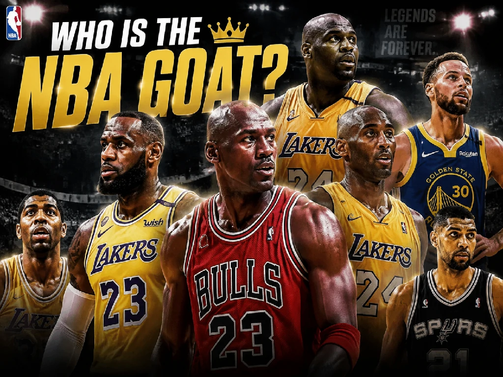 A realistic NBA GOAT debate cover featuring legendary basketball players including Michael Jordan, LeBron James, Kobe Bryant, Stephen Curry, and other icons competing for the title of the greatest NBA player of all time.
