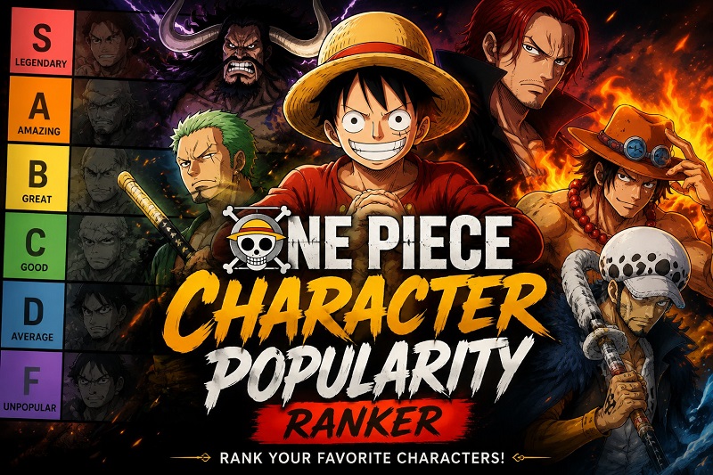 One Piece character tier list cover showing Luffy, Zoro, Shanks, Ace, and Law sorted into S to F popularity tiers