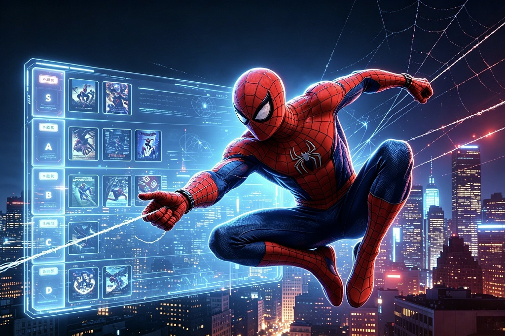 Spider-Man swinging through the city above a glowing Spider-Man movies tier list ranking chart