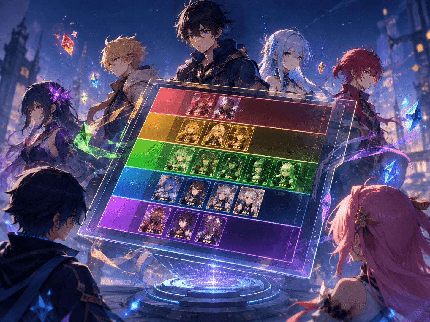 Anime tier list ranking board with a holographic interface, colorful character cards, and fantasy anime characters surrounding the futuristic ranking system