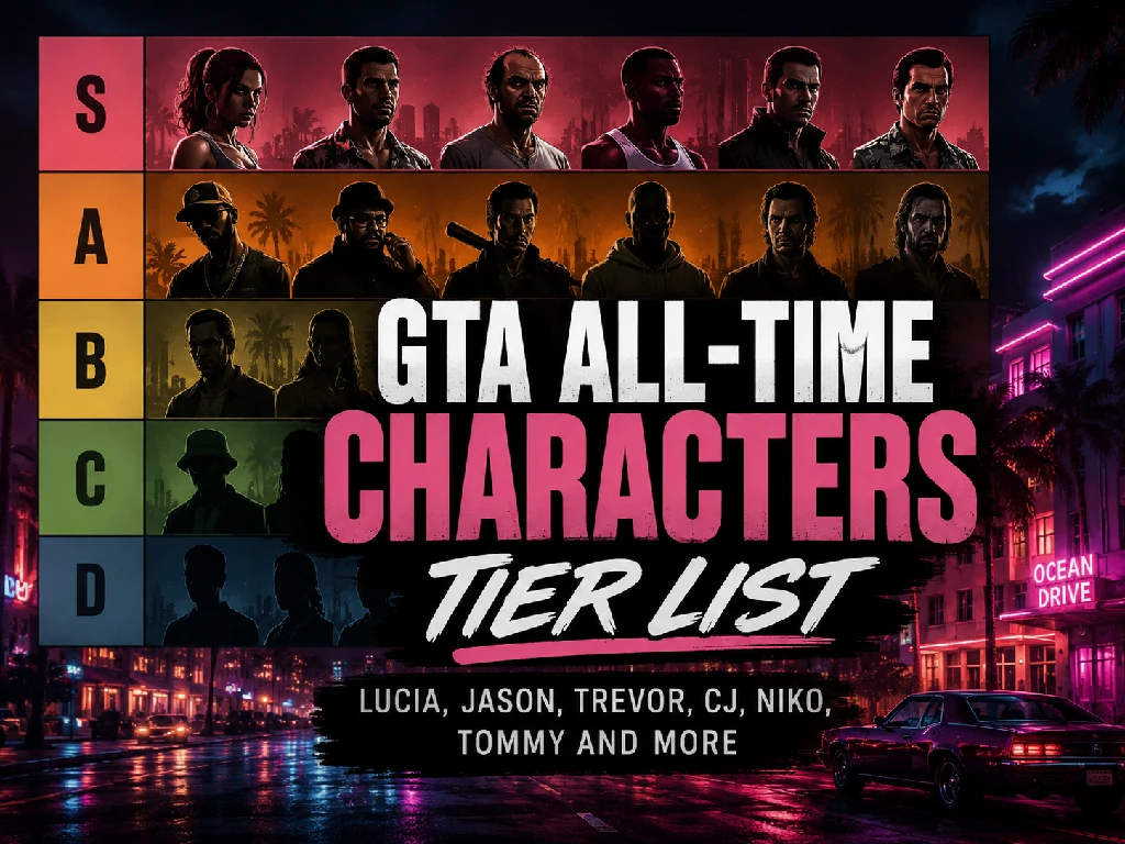 GTA all-time characters tier list artwork, comparing GTA 6 Lucia, Jason and classic franchise protagonists like Trevor, CJ, Niko and Tommy