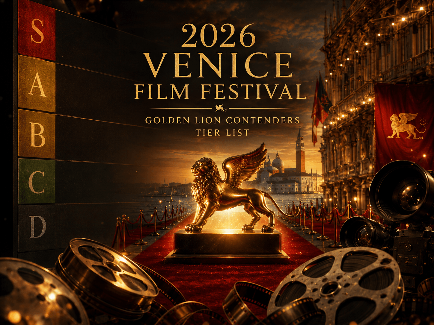 2026 Venice Film Festival Golden Lion contenders tier‑list graphic, featuring winged golden lion statue, Venice waterfront scenery, red carpet, film reels and tier ranking panels S‑D