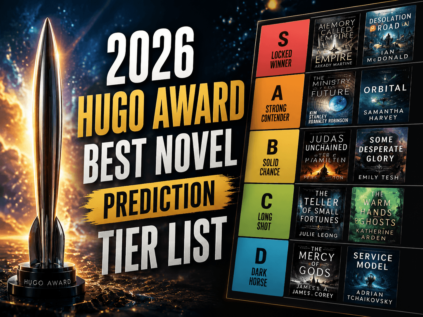 2026 Hugo Award Best Novel tier‑list blog cover art, floating SFF hardcover novels, dark fantasy‑sci‑fi library graphic background
