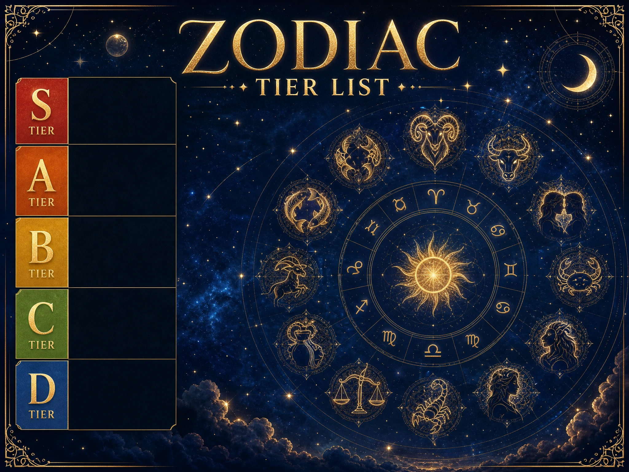 Blank zodiac signs tier list template with S to D rank tiers and all 12 star signs
