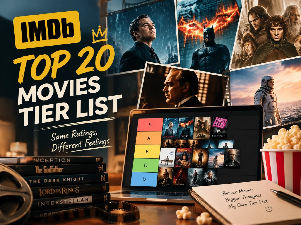 IMDb Top 20 Movies Tier List cover featuring a cinematic movie collage, famous film-inspired scenes, a tier ranking board, film reels, and a theater atmosphere for ranking the greatest movies.