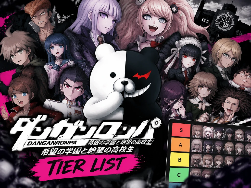 Danganronpa Trigger Happy Havoc character tier list cover featuring Monokuma and the main cast with a dramatic school background and ranking board