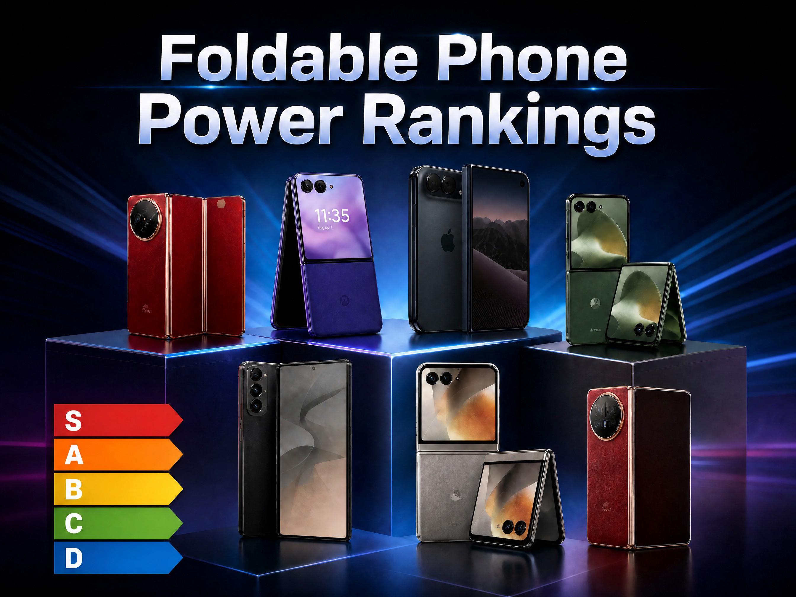 Foldable Phone Power Rankings graphic showcasing multiple foldable smartphones on lit display pedestals with S A B C D tier ranking markers, foldable device comparison promotional image