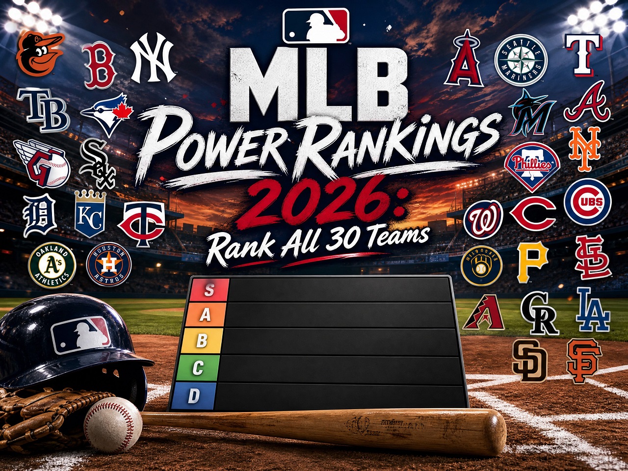 MLB Power Rankings 2026 tier list template with all 30 team logos and blank S-A-B-C-D tiers