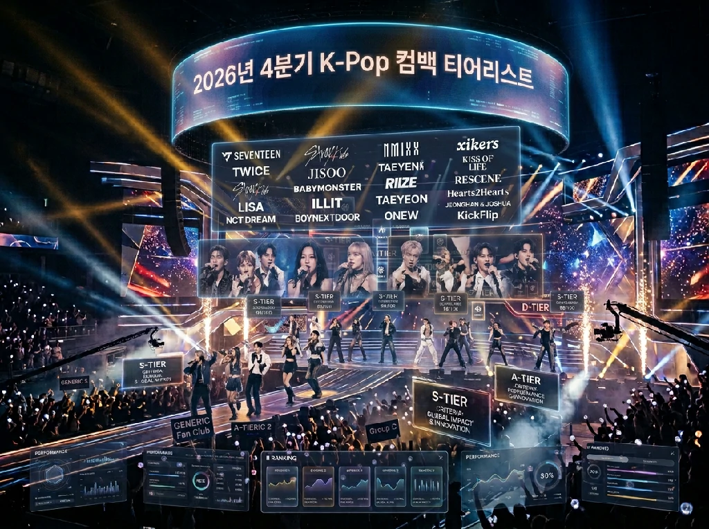 Wide shot of a futuristic K-Pop concert stage with massive glowing digital LED screens. Large curved overhead display reads Korean text "2026년 4분기 K-Pop 컴백 티어리스트" (2026 Q4 K-Pop Comeback Tier List). On-screen tier list features K-pop artists: SEVENTEEN, TWICE, LISA, NCT DREAM, JISOO, BABYMONSTER, ILLIT, BOYNEXTDOOR, NMIXX, TAEYENK, RIIZE, TAEYEON, ONEW, xikers, KISS OF LIFE, RESCENE, Hearts2Hearts, JEONGHAN & JOSHUA, KickFlip. Stage performers in dark stage outfits perform under dynamic golden and blue stage spotlights, audience fills the arena. UI panels show tier ratings (S-TIER, A-TIER, D-TIER), ranking graphs, performance metrics. Dramatic smoke, bright light beams, grand stadium concert aesthetic. AI-generated image.