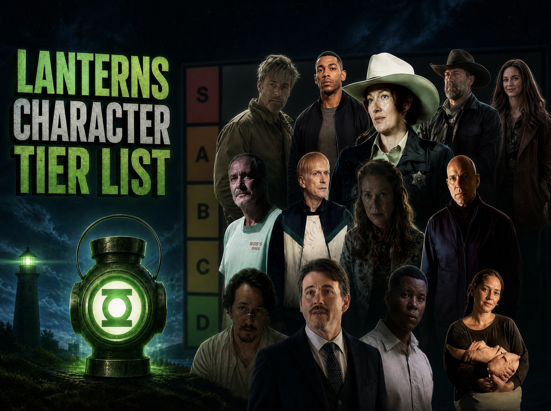 Lanterns character tier list cover showing the HBO cast ranked S to D, including Hal Jordan, John Stewart, and Sheriff Kerry Kane