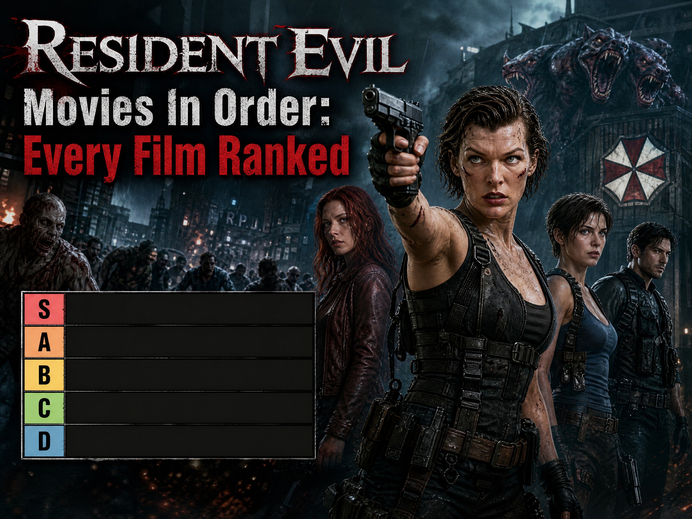 Resident Evil movies in order tier list poster, ranking every RE film with Alice, Umbrella Corp and Raccoon City